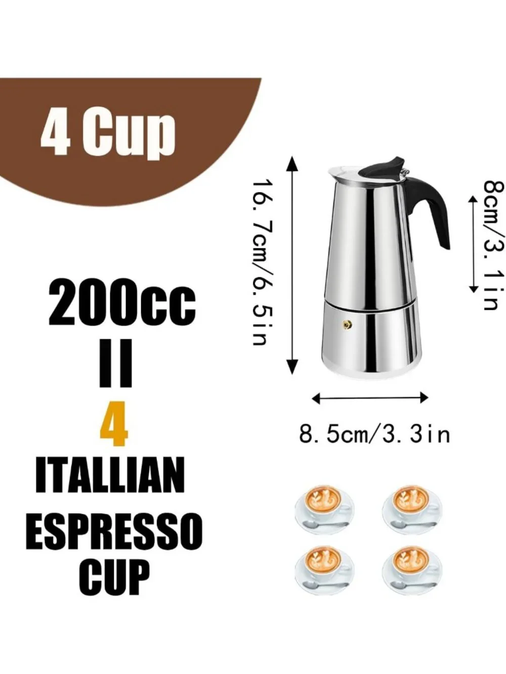 Stainless Steel Moka Pot Espresso Maker - 4 Cup Stovetop Percolator for Home